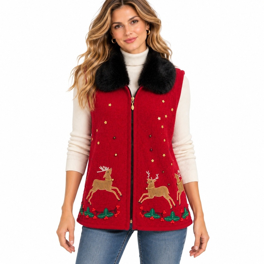 Vintage 90s Lisa International Boiled Wool Vest XL Red Christmas Reindeer Kitsch